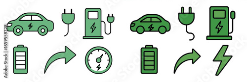 Electric vehicle elements showcasing charging and battery icons
