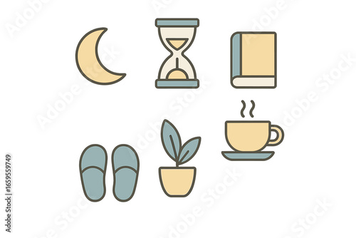 Cozy evening routine elements in vector illustration format