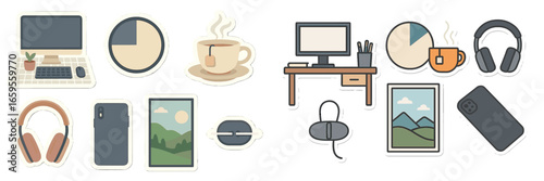 Vector illustration of modern workspace icons featuring technology
