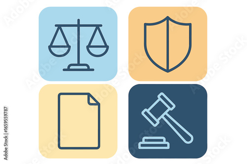 Legal icons collection featuring scales, shield, document, and gavel