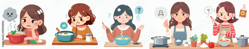 Cute Cartoon Female Character Feeling while Cooking Meal Food Set Illustration Cute Cartoon Female Character Feeling while Cooking Meal Food Set Illustration