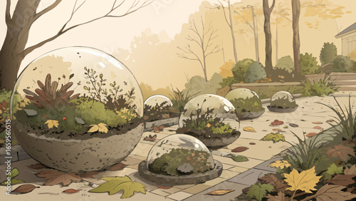 Eco-conscious garden of upcycled glass orbs filled with moss and seeds, in soft autumnal browns and yellows