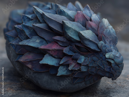 Single iridescent dragon scale on smooth gray stone, shifting jewel tones, hyper-realistic fantasy close-up, soft natural light, fine texture detail