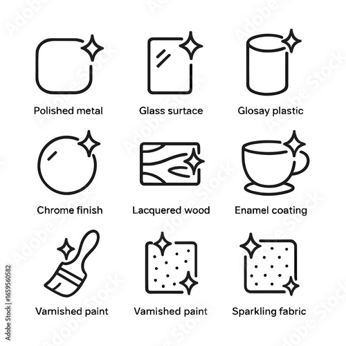Shiny Material Icons. Outline icon set of shiny materials: polished metal, glass surface, glossy plastic, chrome finish,