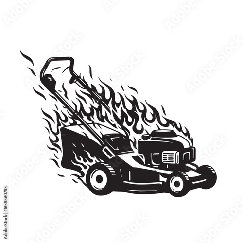 A lawn mower engulfed in flames a symbolic representation of overheating or disaster