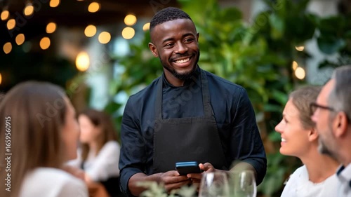 Smiling Waiter Taking Order from a Group of Happy Restaurant Patrons