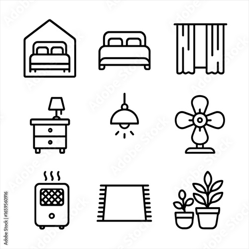 Sleep Environment Icons. Outline icon set of sleep environment: bedroom, cozy bed, blackout curtains, bedside table, ambient