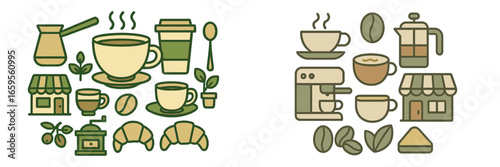 Delightful coffee illustration with cups, beans, and brewing equipment