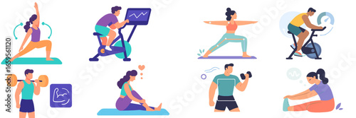 Fitness activities in a modern gym setting featuring various exercises