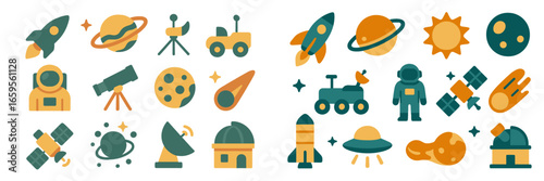 Colorful vector illustration of space exploration elements and tools