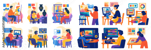 Creative illustration of artists engaged in various art activities