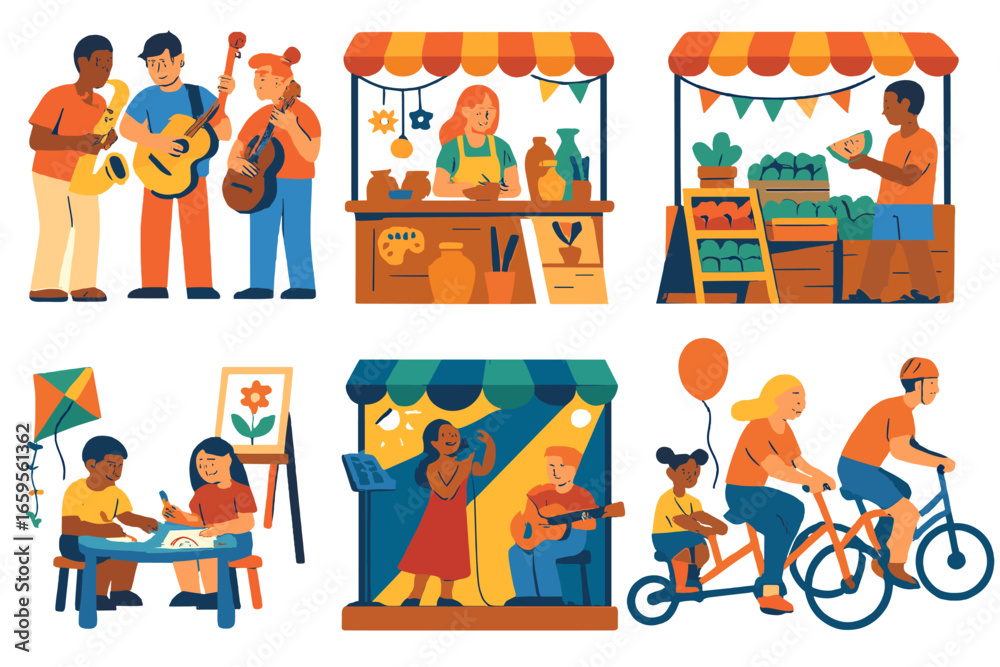 Fototapeta premium Vibrant marketplace with musicians and artisans showcasing talents