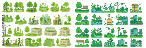 Natural landscapes with cyclists and urban greenery in vector style