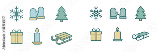 Winter holiday icons featuring snowflakes, mittens, trees, and gifts