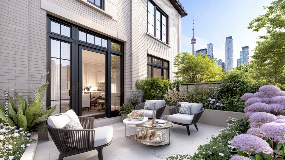 Fototapeta premium Elegant outdoor patio featuring comfortable seating with a stunning city view and beautiful landscaping.
