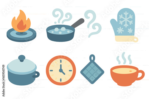 Winter Cooking Icons. Flat vector mini-illustrations Winter cooking on the stove in colors children's
