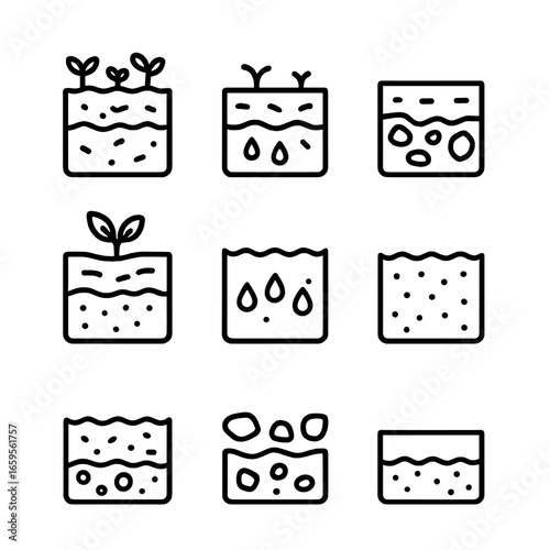 Soil Layer Icons. Outline icon set of soil layers: topsoil, subsoil, bedrock, organic layer, clay layer, sand layer, loamy soil,