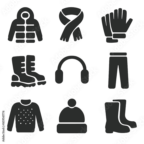 Winter Clothing Icons. Solid, filled icons set of cold weather clothing for snow clearing: insulated jacket,