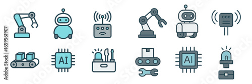 Vector illustration of robotic and AI technology elements in action