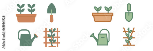 Vector illustration of gardening tools and plants in pots