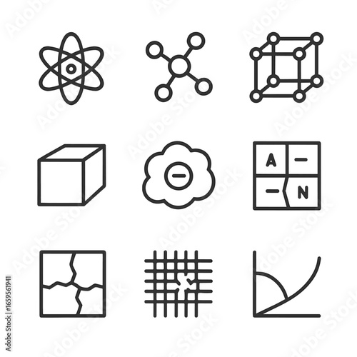 Solid State Icon Set. Outline icon set of solid state physics: atom, molecule, crystal lattice, solid block, electron cloud,