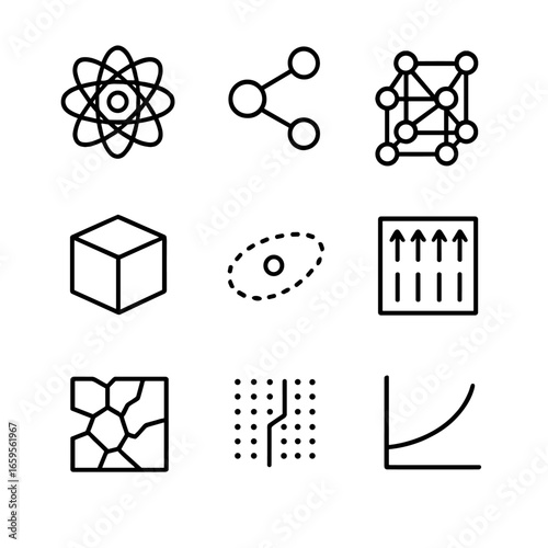 Solid State Icon Set. Outline icon set of solid state physics: atom, molecule, crystal lattice, solid block, electron cloud,