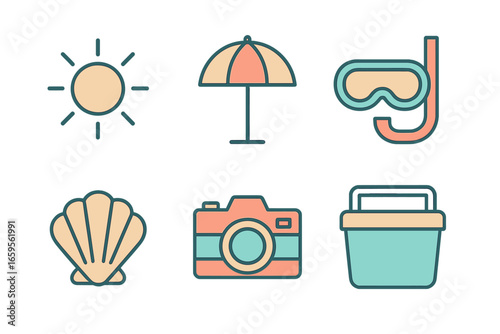 Beach vacation essentials featuring sun, umbrella, and snorkeling gear