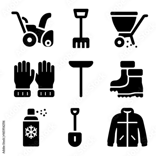 Winter Tools Icons. Solid, filled icons set of outdoor winter tools: snow blower, ice chopper, salt spreader,