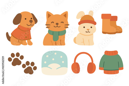 Winter-Clad Pets Icons. Flat vector mini-illustrations Pets wearing winter clothes in colors children's