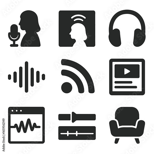 Women-Led Podcast Icons. Solid, filled icons set of women-led podcasting: woman at mic, podcast cover art,