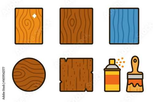 Wood Finish Icons. Flat vector mini-illustrations types of wood finishes in colors children's illustrations: