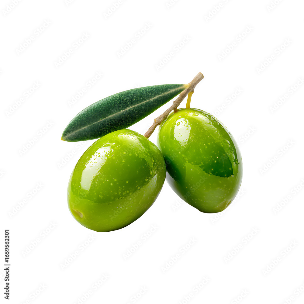 Obraz premium Two fresh green olives with a single leaf attached