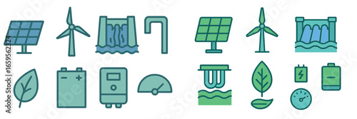 Renewable energy icons collection featuring solar and wind themes