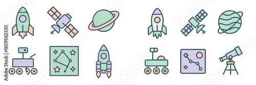 Space exploration icons in vector style for creative projects