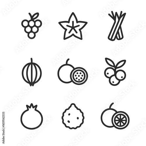 Wallpaper Mural Sour Fruit Icon Set. Outline icon set of sour fruit varieties: green grapes, starfruit, rhubarb, gooseberry, passion fruit, Torontodigital.ca