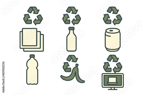 Recycling symbols with various materials for sustainable practices