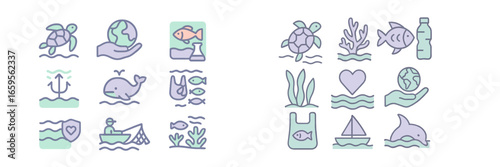 Vector illustration of marine life conservation symbols and icons