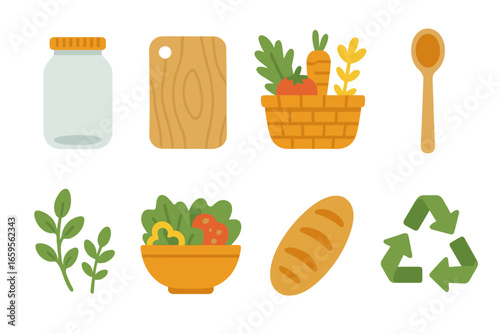 Zero Waste Cooking Icons. Flat vector mini-illustrations zero waste cooking in colors children's illustrations