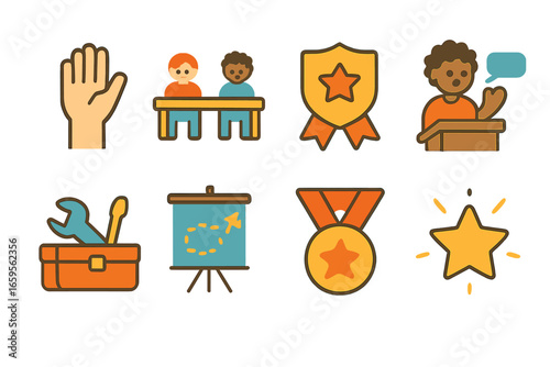 Youth Empowerment Icons. Flat vector mini-illustrations Youth empowerment programs in colors children's