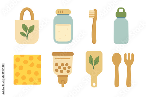 Zero Waste for Kids. Flat vector mini-illustrations zero waste lifestyle in colors children's illustrations: