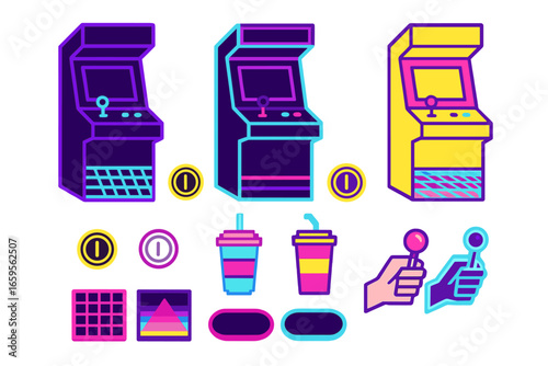 Colorful vector illustration of arcade game machines and snacks