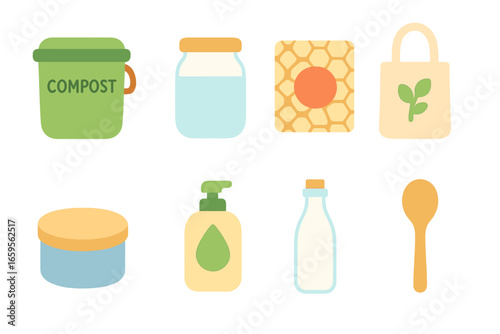 Zero-Waste Kitchen Icons. Flat vector mini-illustrations Zero-waste kitchen in colors children's illustrations