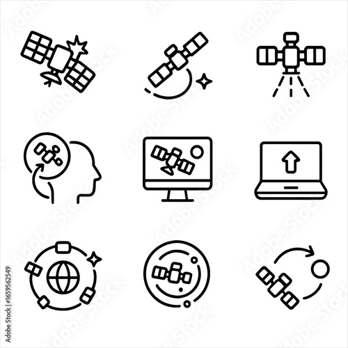 Space Debris Technologies Icons. Outline icon set of space debris prevention technologies: satellite shielding, collision