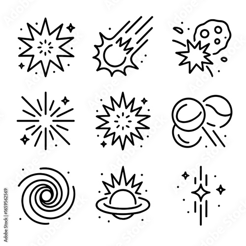 Space Explosion Icons. Outline icon set of boom in space: supernova, comet explosion, asteroid impact, big bang, cosmic burst,