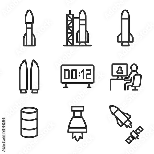 Space Launch Icons. Outline icon set of low Earth orbit launch vehicles: rocket, launch pad, booster, payload fairing, countdown