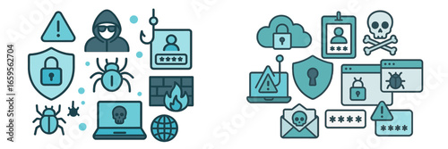 Cybersecurity vector illustration showcasing various digital threats
