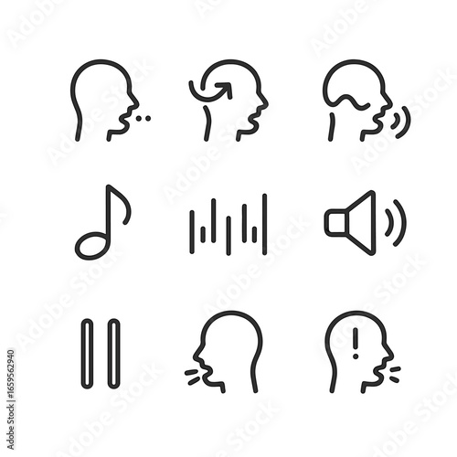 Speech Tone Icons. Outline icon set of tone in speech: accent, inflection, cadence, pitch, rhythm, volume, pauses, clarity,