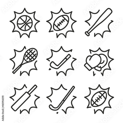 Sport Equipment Icons. Outline icon set of bang in sports: basketball, football, baseball bat, tennis racket, golf club, boxing