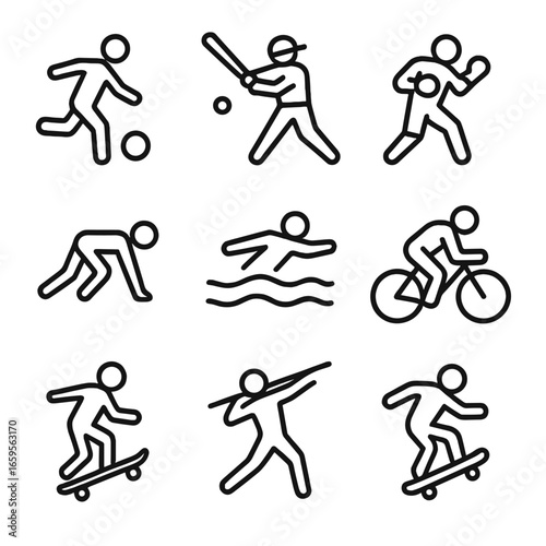 Sports Momentum Icons. Outline icon set of momentum in sports: soccer kick, baseball hit, boxing punch, golf swing, running start,