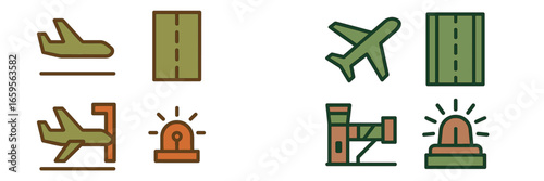 Airport elements including airplane, runway and control tower icons